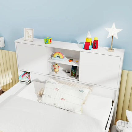 Twin Size Bed Frame with Trundle and Power Outlets-White - White - Trundle Bed Frame