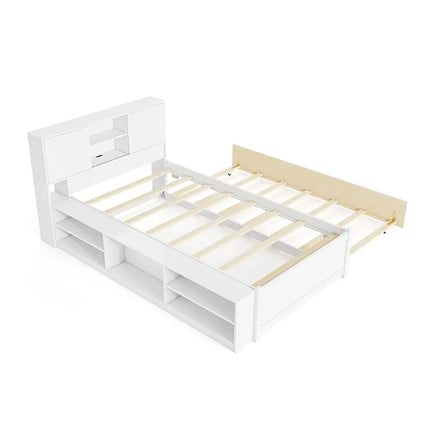 Twin Size Bed Frame with Trundle and Power Outlets-White - White - Trundle Bed Frame
