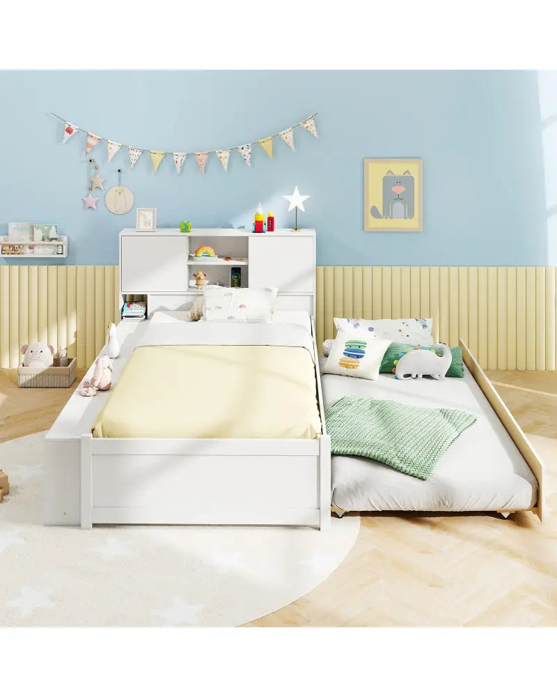 Twin Size Bed Frame with Trundle and Power Outlets-White - White - Trundle Bed Frame