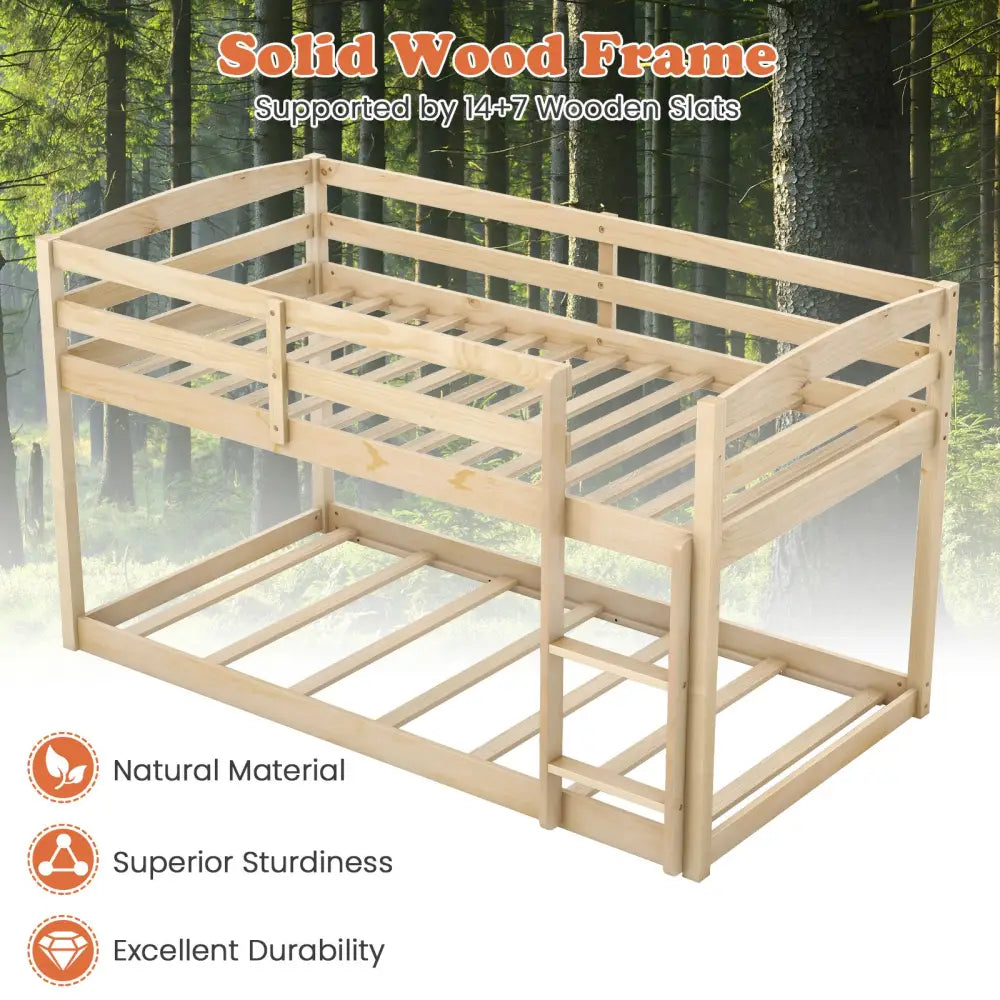 Twin Size Bunk Bed with High Guardrails and Integrated Ladder-Natural - Natural - Toddler Beds