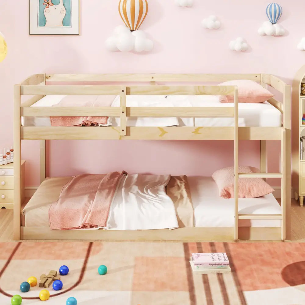 Twin Size Bunk Bed with High Guardrails and Integrated Ladder-Natural - Natural - Toddler Beds