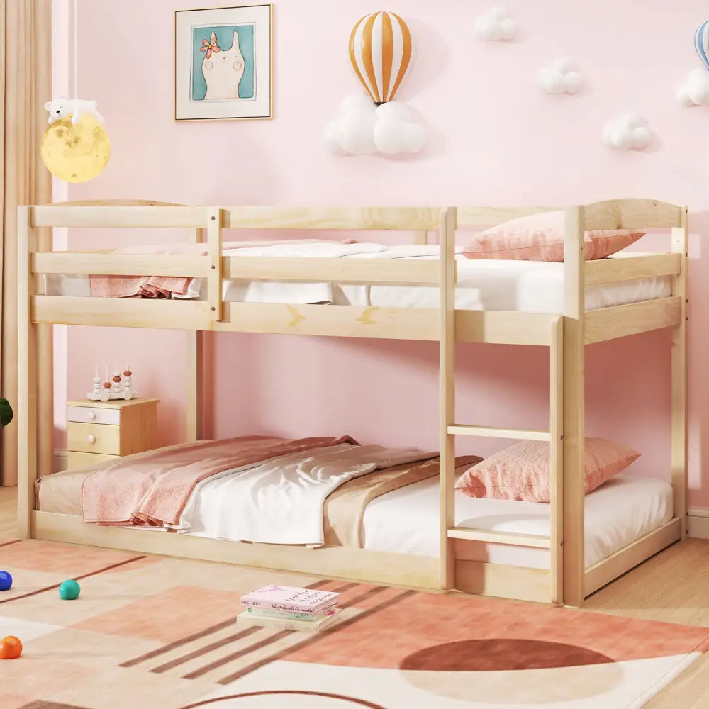 Twin Size Bunk Bed with High Guardrails and Integrated Ladder-Natural - Natural - Toddler Beds