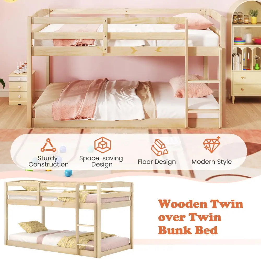 Twin Size Bunk Bed with High Guardrails and Integrated Ladder-Natural - Natural - Toddler Beds