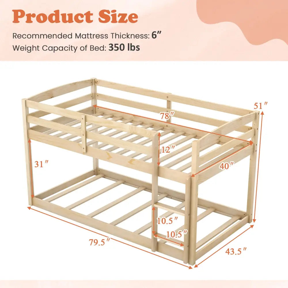 Twin Size Bunk Bed with High Guardrails and Integrated Ladder-Natural - Natural - Toddler Beds