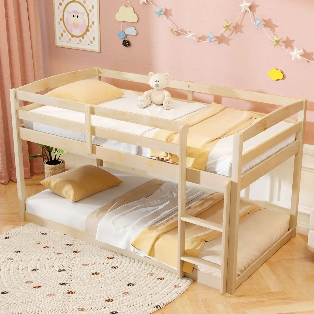 Twin Size Bunk Bed with High Guardrails and Integrated Ladder-Natural - Natural - Toddler Beds
