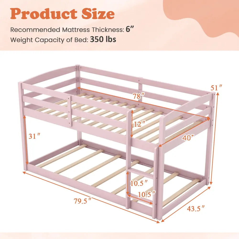 Twin Size Bunk Bed with High Guardrails and Integrated Ladder-Pink - Pink - Toddler Beds