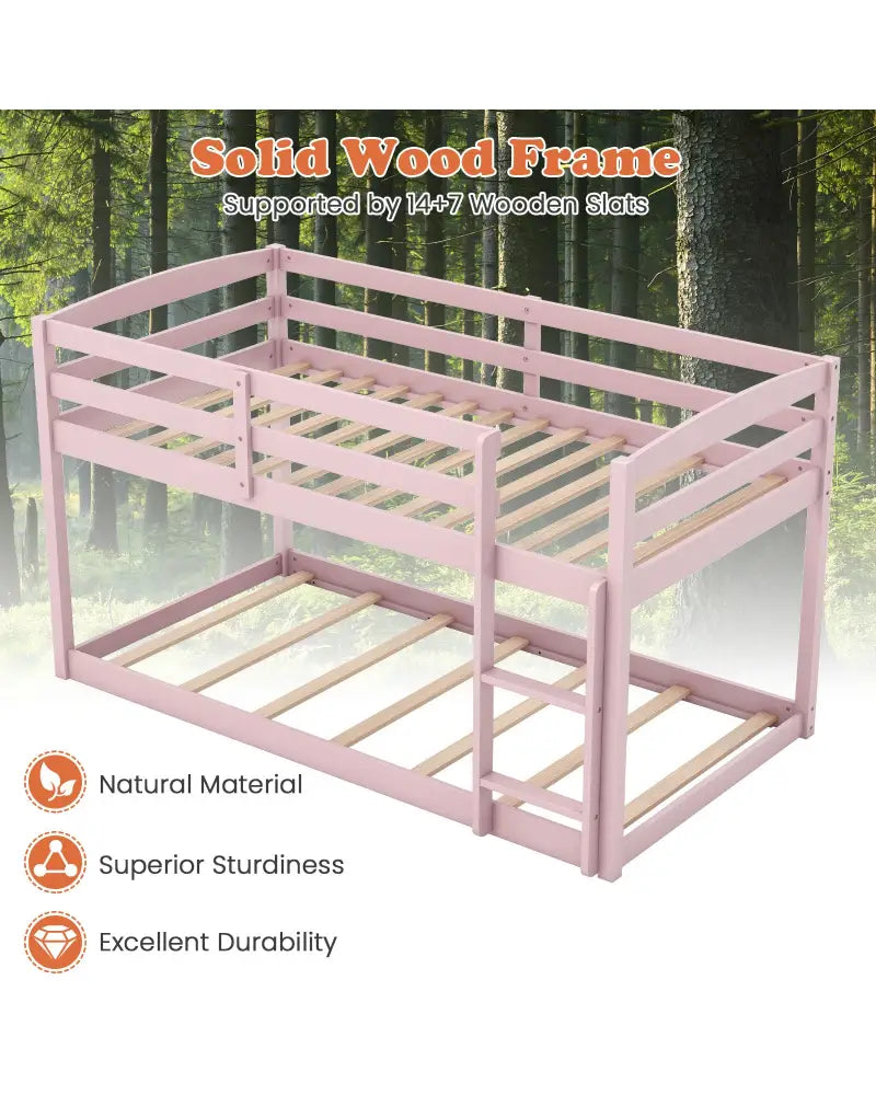 Twin Size Bunk Bed with High Guardrails and Integrated Ladder-Pink - Pink - Toddler Beds