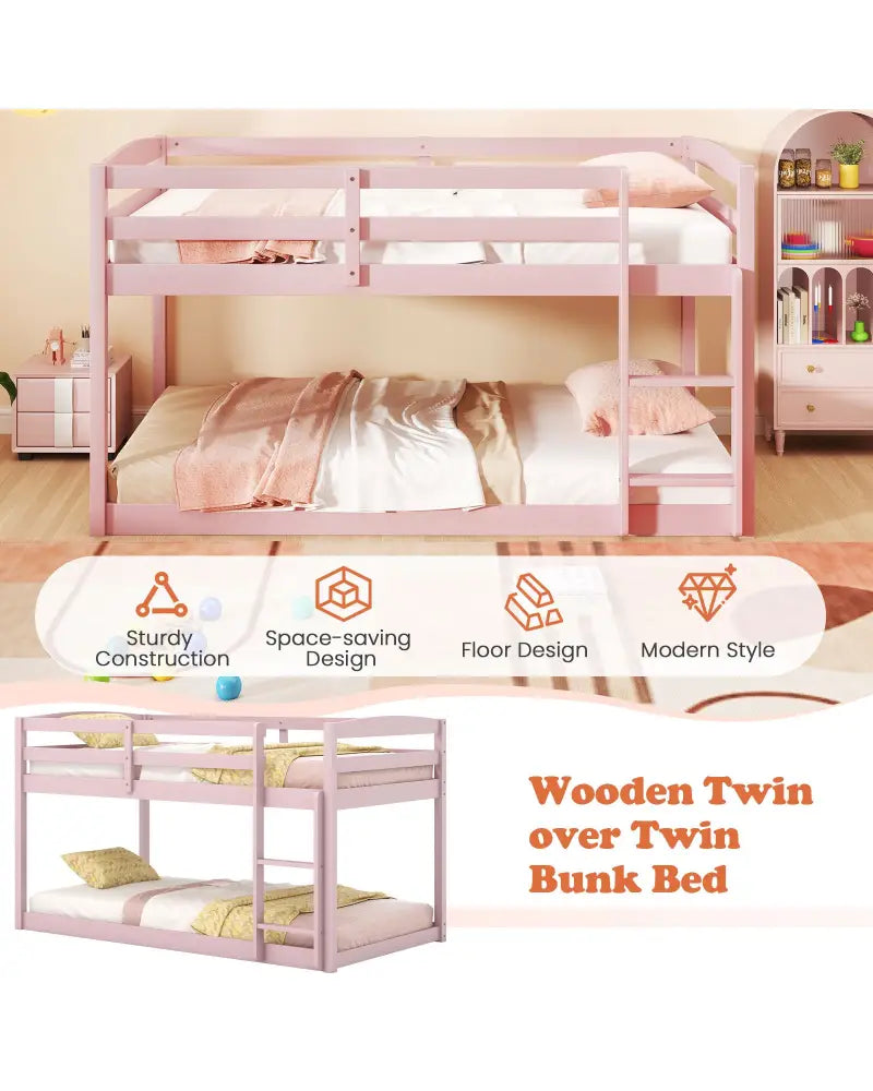 Twin Size Bunk Bed with High Guardrails and Integrated Ladder-Pink - Pink - Toddler Beds