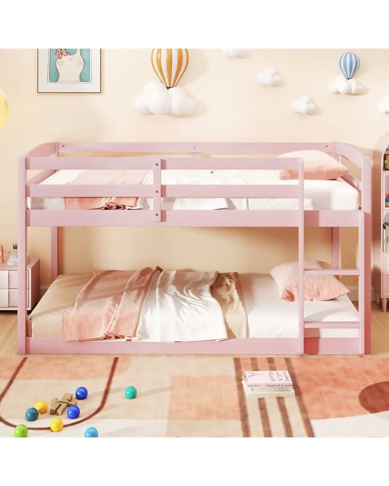 Twin Size Bunk Bed with High Guardrails and Integrated Ladder-Pink - Pink - Toddler Beds