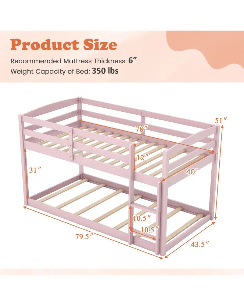 Twin Size Bunk Bed with High Guardrails and Integrated Ladder-Pink - Pink - Toddler Beds