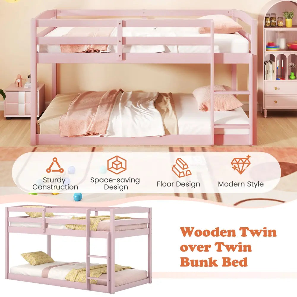 Twin Size Bunk Bed with High Guardrails and Integrated Ladder-Pink - Pink - Toddler Beds