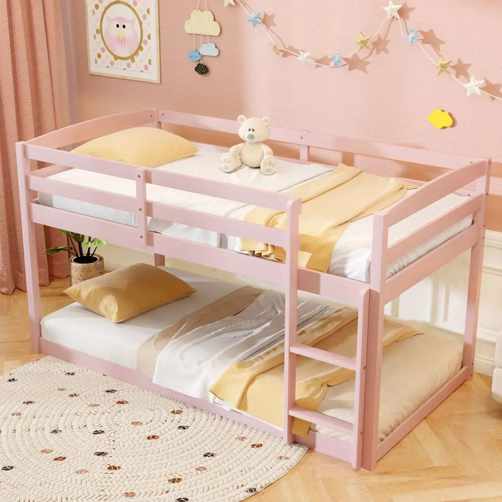 Twin Size Bunk Bed with High Guardrails and Integrated Ladder-Pink - Pink - Toddler Beds
