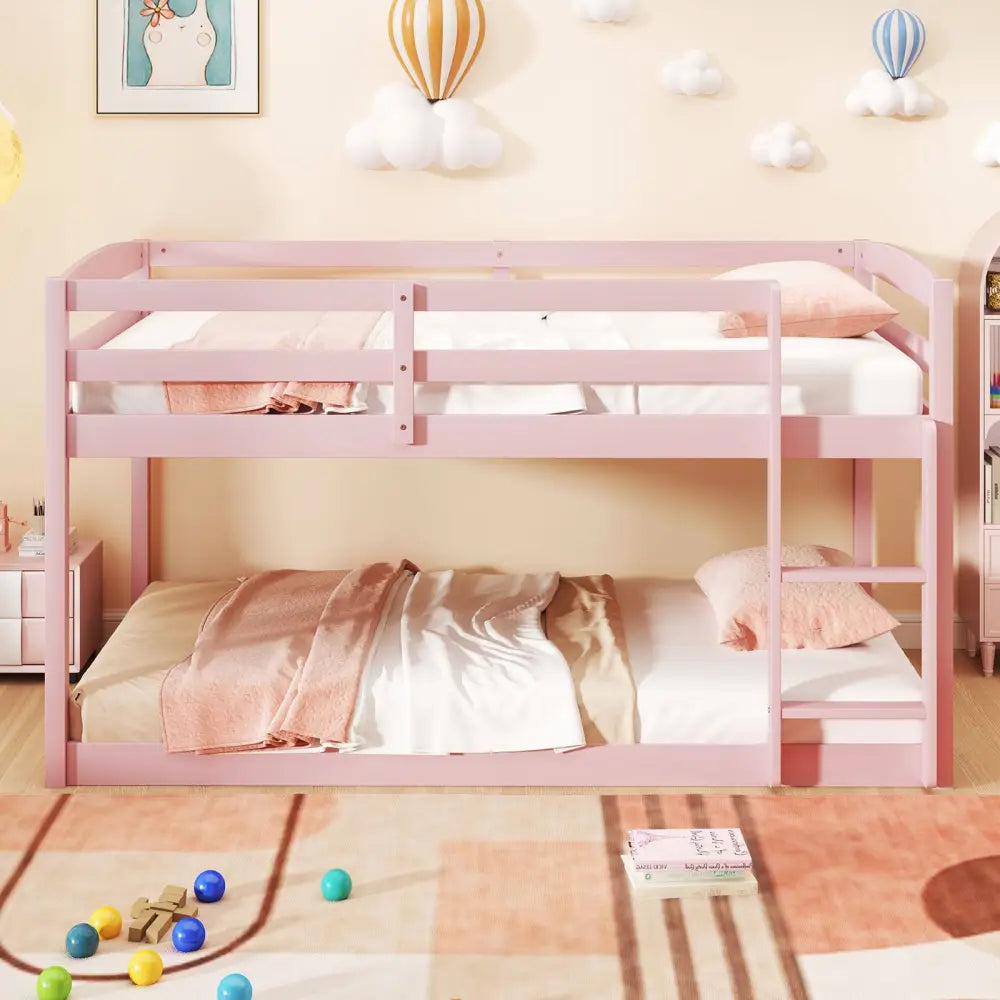 Twin Size Bunk Bed with High Guardrails and Integrated Ladder-Pink - Pink - Toddler Beds
