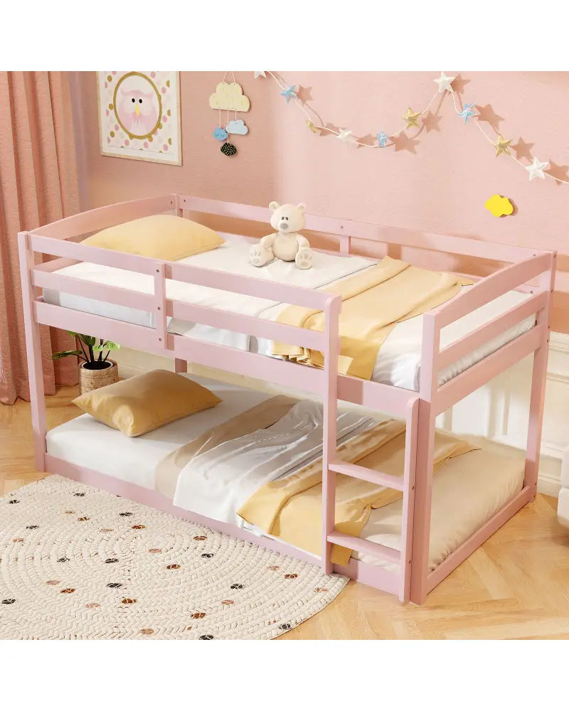 Twin Size Bunk Bed with High Guardrails and Integrated Ladder-Pink - Pink - Toddler Beds