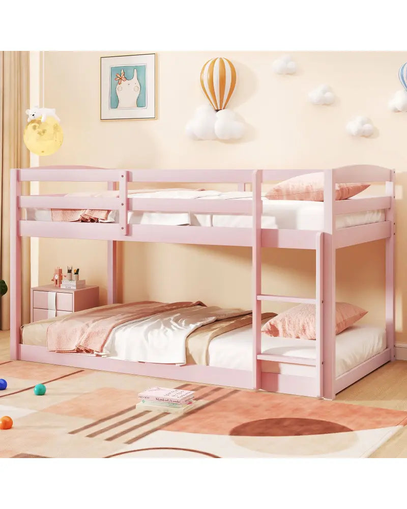 Twin Size Bunk Bed with High Guardrails and Integrated Ladder-Pink - Pink - Toddler Beds