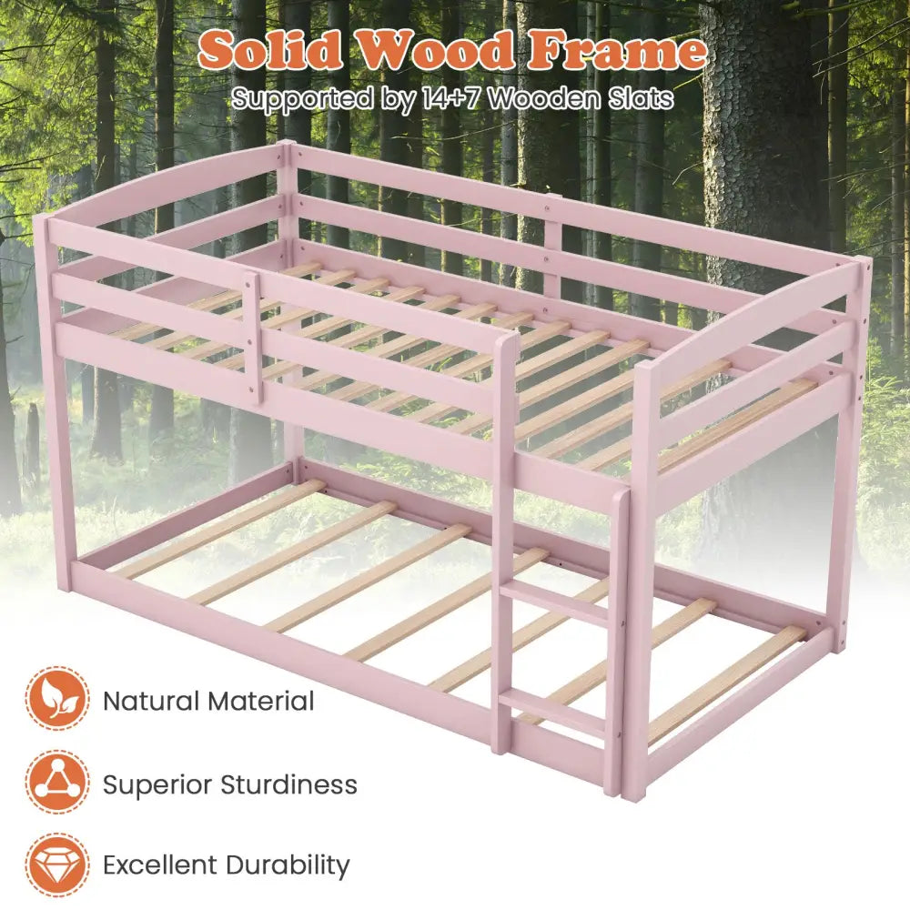 Twin Size Bunk Bed with High Guardrails and Integrated Ladder-Pink - Pink - Toddler Beds