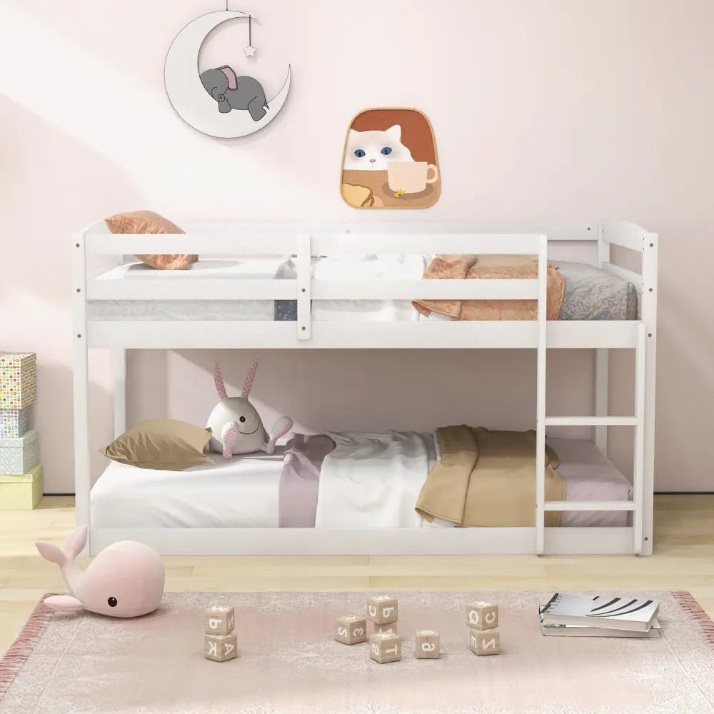 Twin Size Bunk Bed with High Guardrails and Integrated Ladder-White - White - Toddler Beds