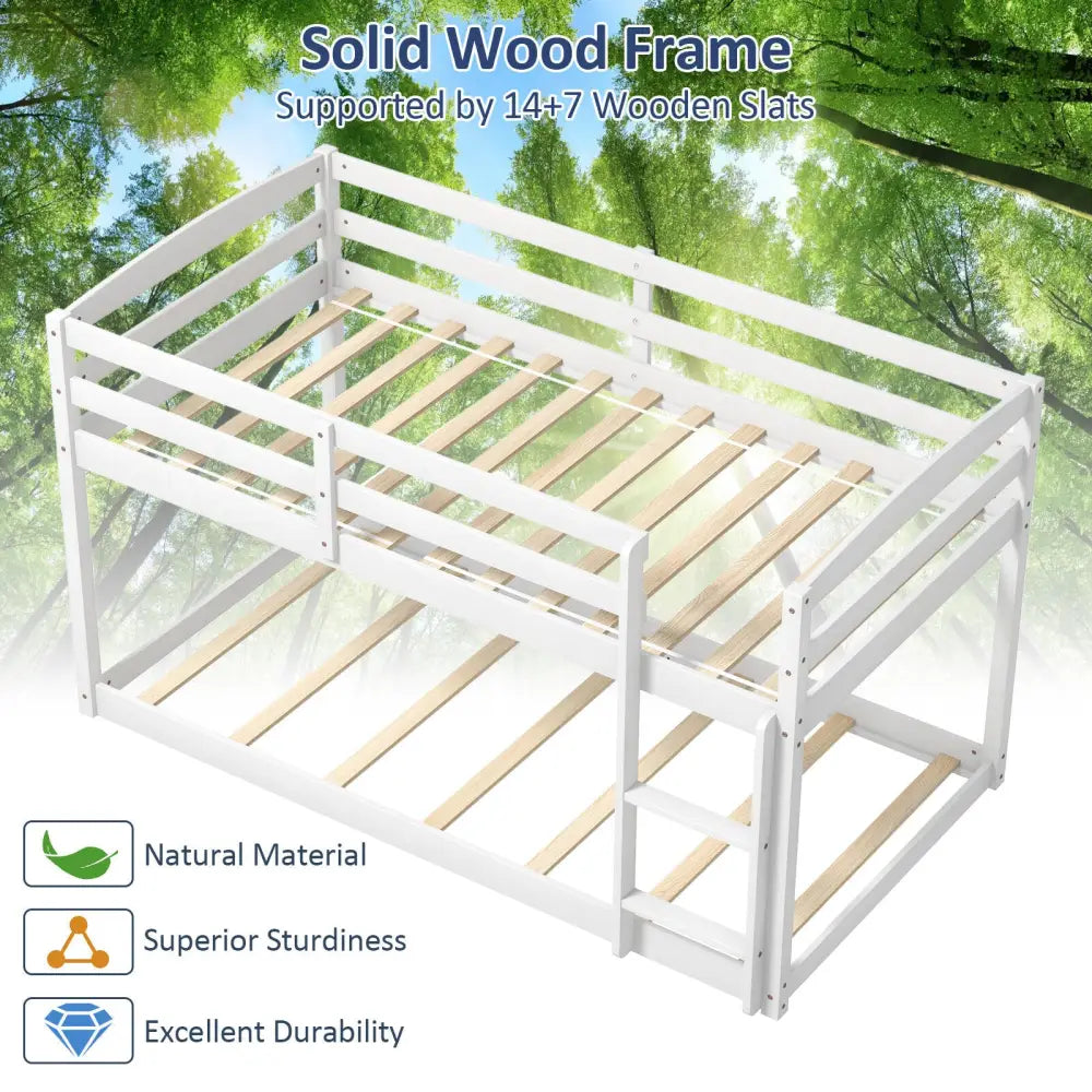 Twin Size Bunk Bed with High Guardrails and Integrated Ladder-White - White - Toddler Beds