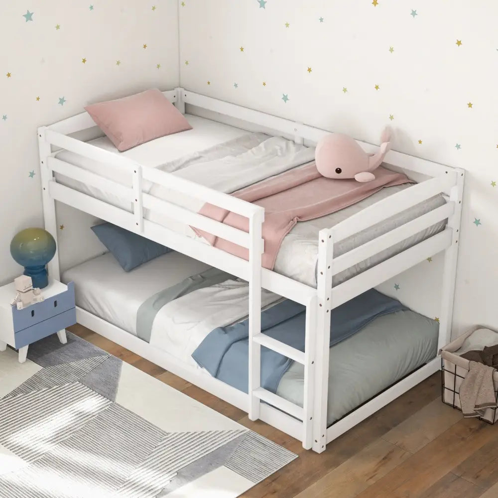 Twin Size Bunk Bed with High Guardrails and Integrated Ladder-White - White - Toddler Beds