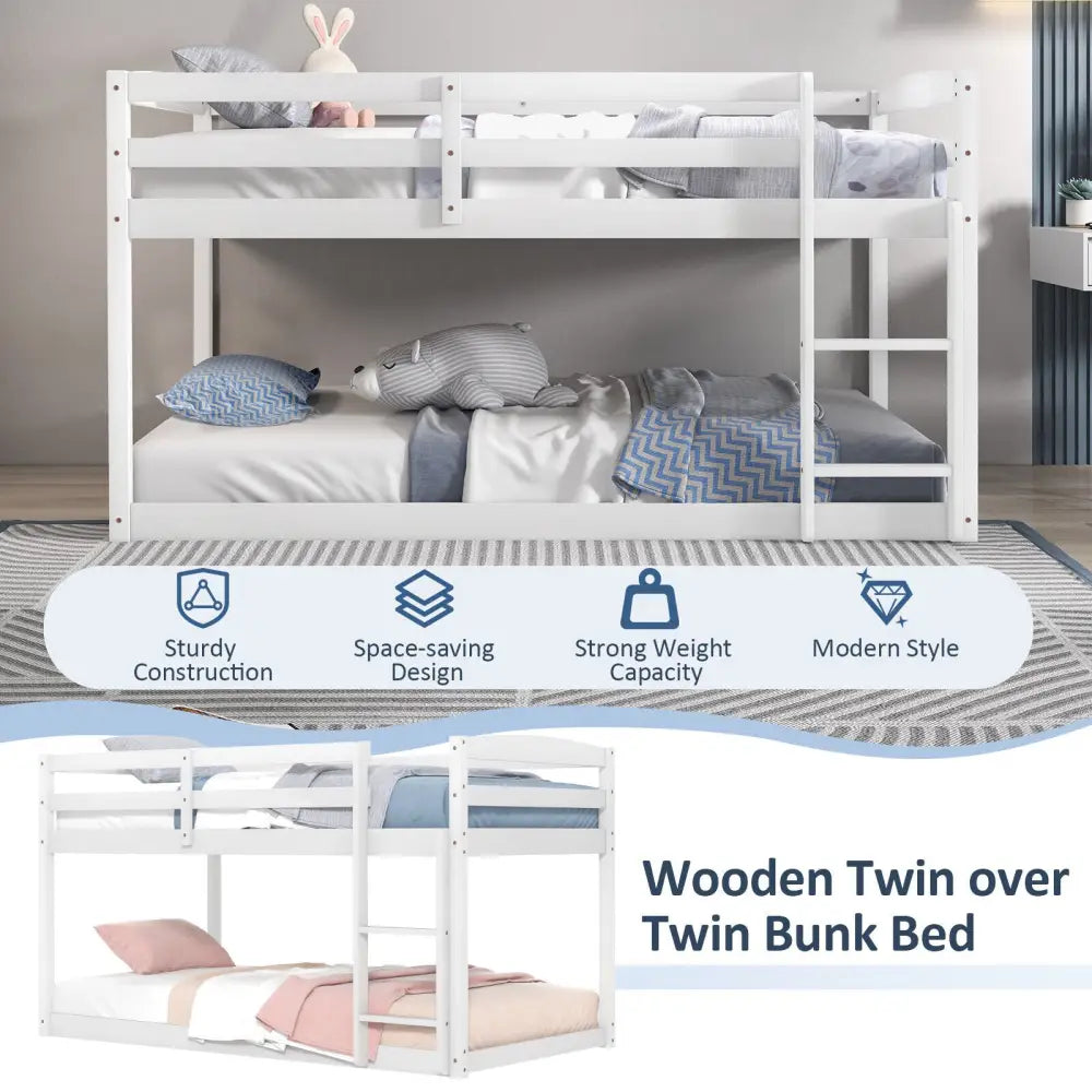 Twin Size Bunk Bed with High Guardrails and Integrated Ladder-White - White - Toddler Beds