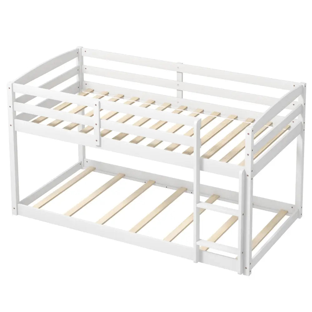 Twin Size Bunk Bed with High Guardrails and Integrated Ladder-White - White - Toddler Beds