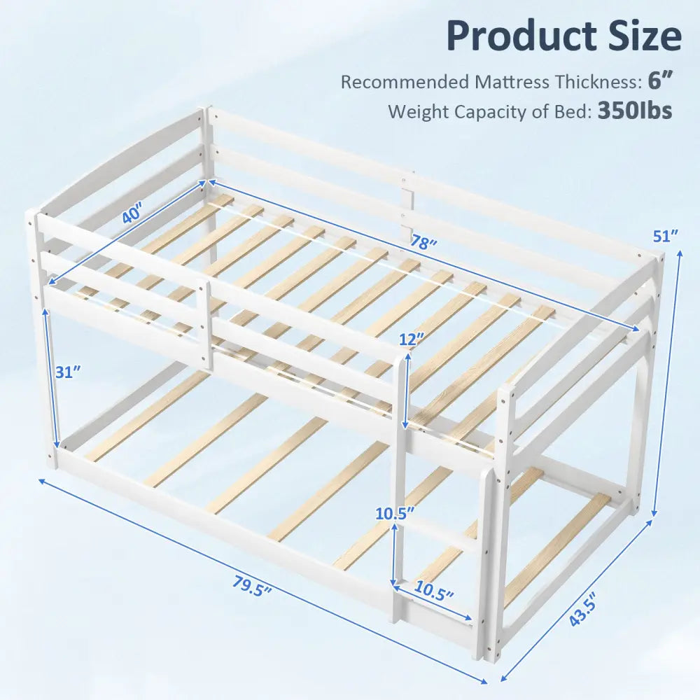 Twin Size Bunk Bed with High Guardrails and Integrated Ladder-White - White - Toddler Beds