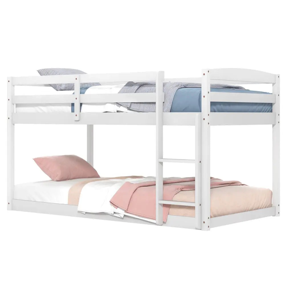 Twin Size Bunk Bed with High Guardrails and Integrated Ladder-White - White - Toddler Beds