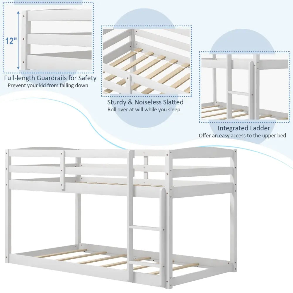 Twin Size Bunk Bed with High Guardrails and Integrated Ladder-White - White - Toddler Beds