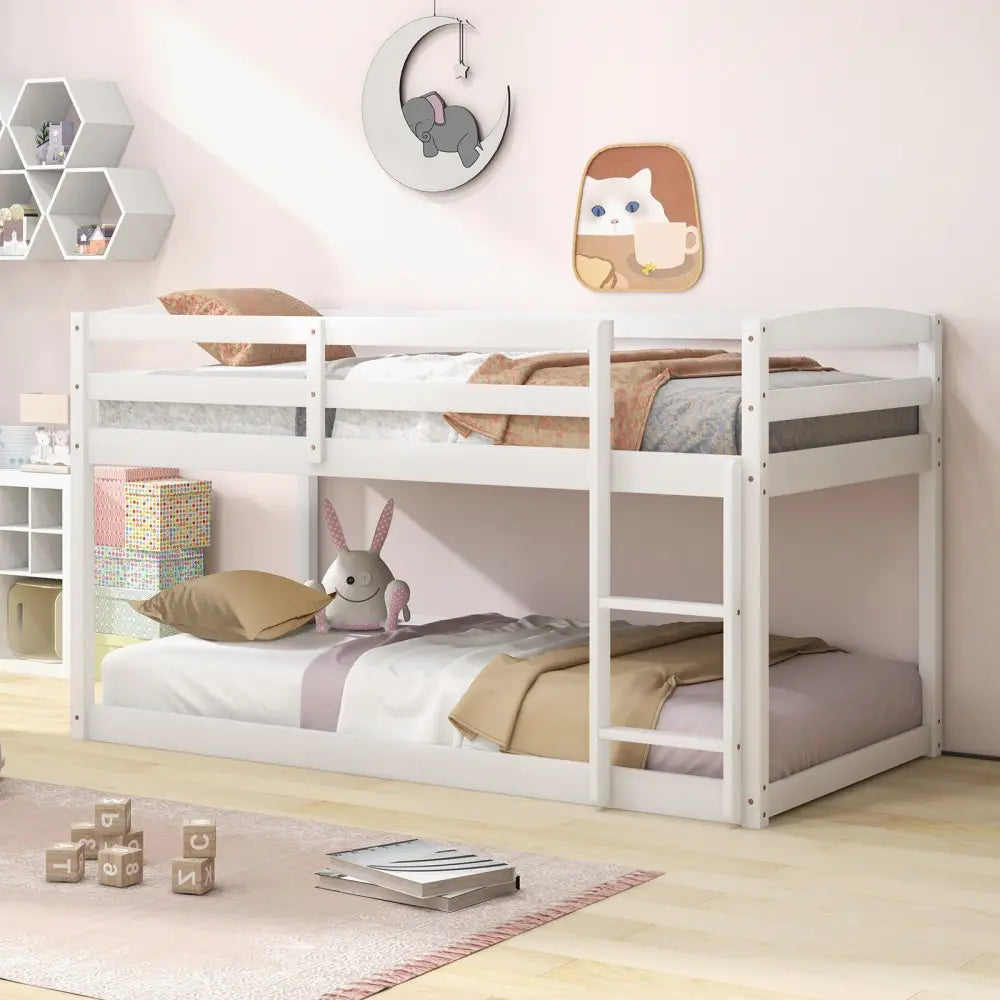Twin Size Bunk Bed with High Guardrails and Integrated Ladder-White - White - Toddler Beds