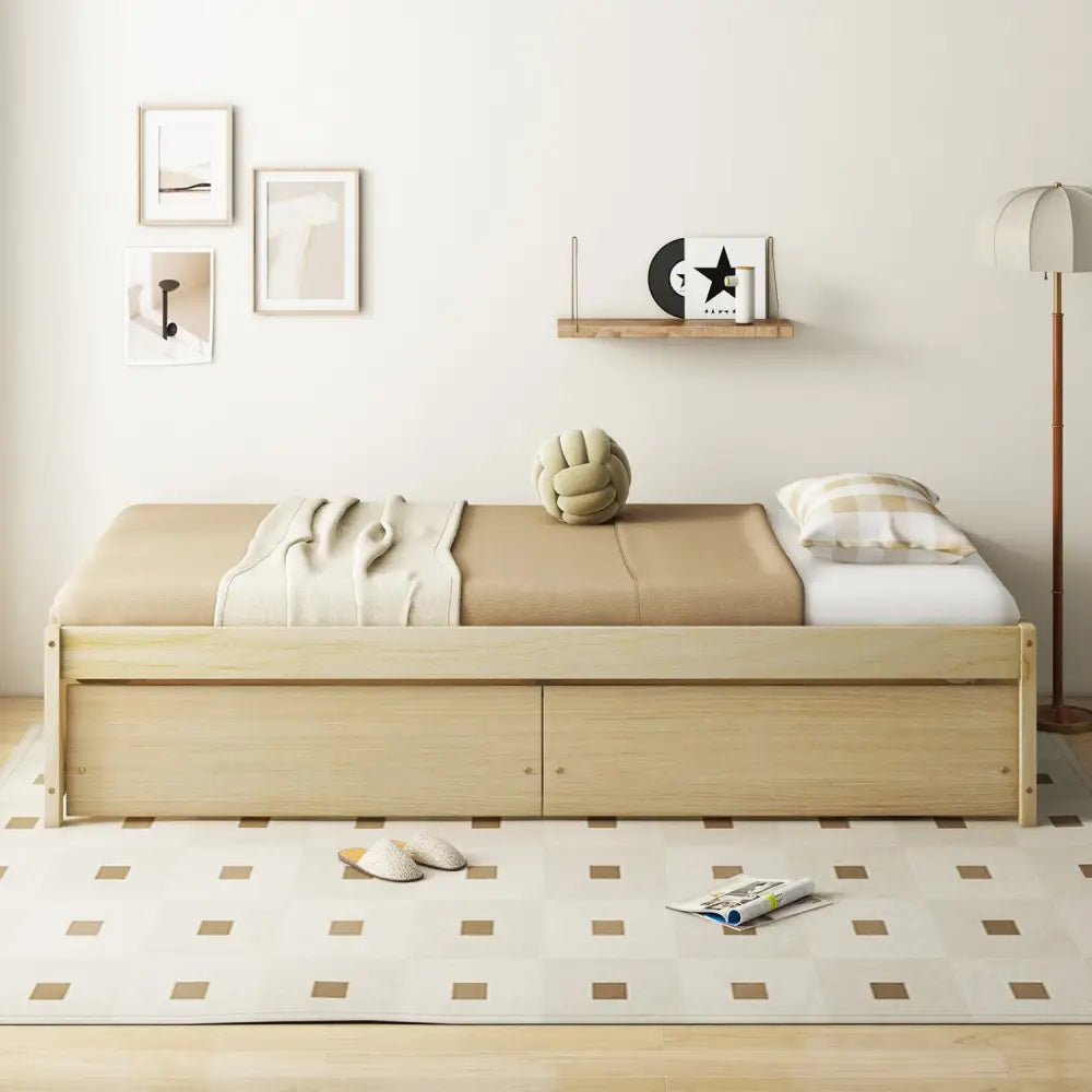 Twin Size Captain Bed with 2 Drawers and Slats Support-Natural - Natural - Simple Bed Frame