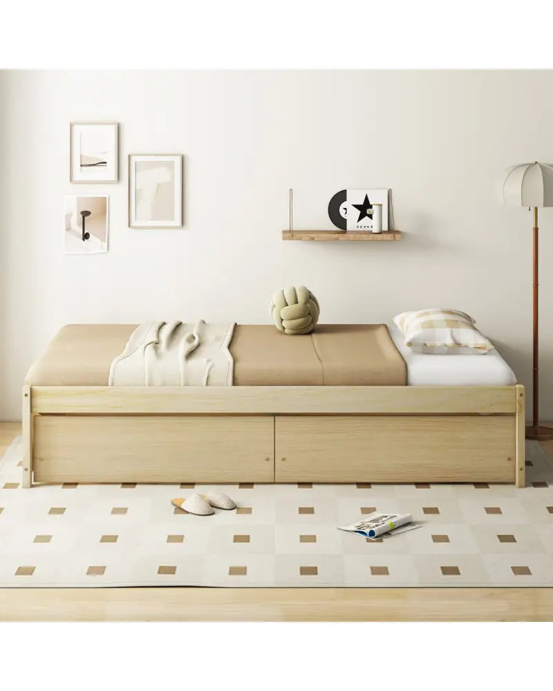 Twin Size Captain Bed with 2 Drawers and Slats Support-Natural - Natural - Simple Bed Frame