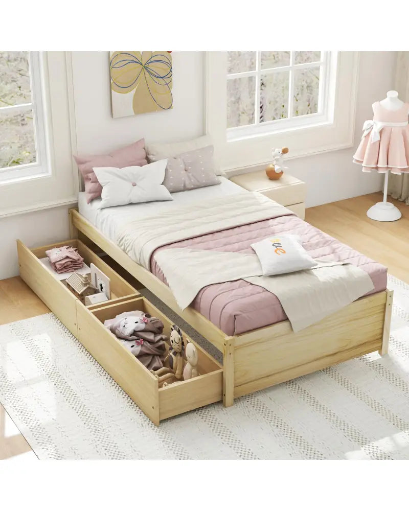 Twin Size Captain Bed with 2 Drawers and Slats Support-Natural - Natural - Simple Bed Frame