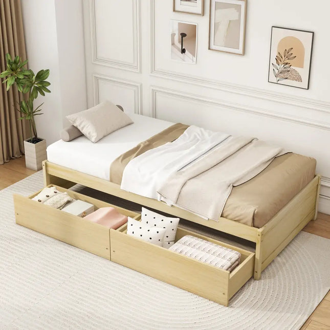 Twin Size Captain Bed with 2 Drawers and Slats Support-Natural - Natural - Simple Bed Frame