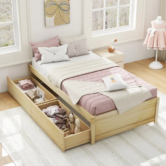 Twin Size Captain Bed with 2 Drawers and Slats Support-Natural - Natural - Simple Bed Frame