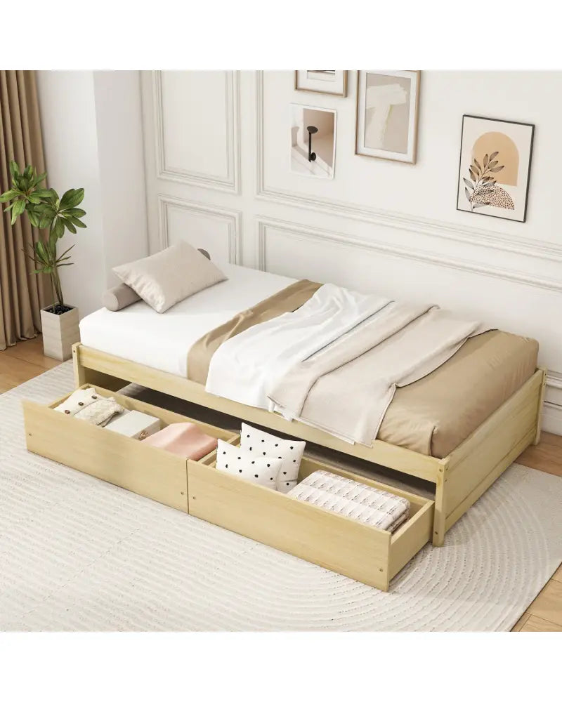Twin Size Captain Bed with 2 Drawers and Slats Support-Natural - Natural - Simple Bed Frame