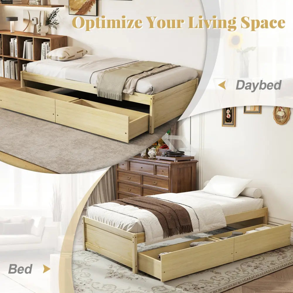 Twin Size Captain Bed with 2 Drawers and Slats Support-Natural - Natural - Simple Bed Frame