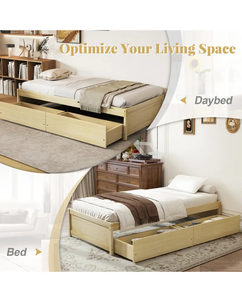 Twin Size Captain Bed with 2 Drawers and Slats Support-Natural - Natural - Simple Bed Frame