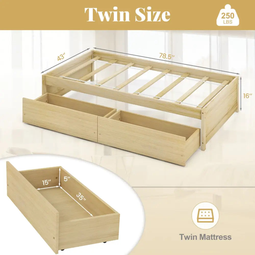 Twin Size Captain Bed with 2 Drawers and Slats Support-Natural - Natural - Simple Bed Frame