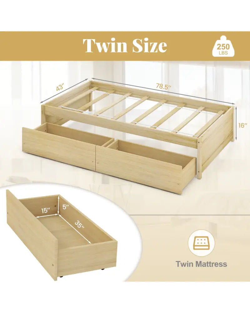 Twin Size Captain Bed with 2 Drawers and Slats Support-Natural - Natural - Simple Bed Frame