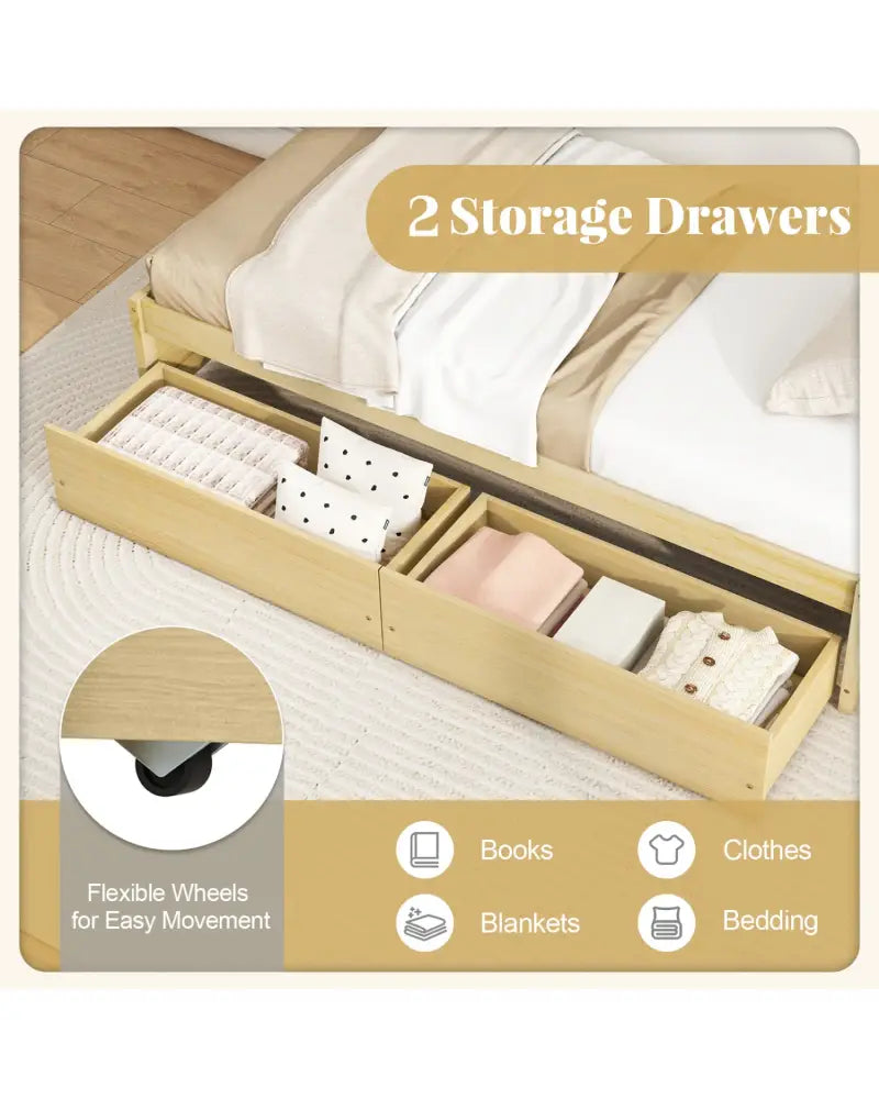Twin Size Captain Bed with 2 Drawers and Slats Support-Natural - Natural - Simple Bed Frame
