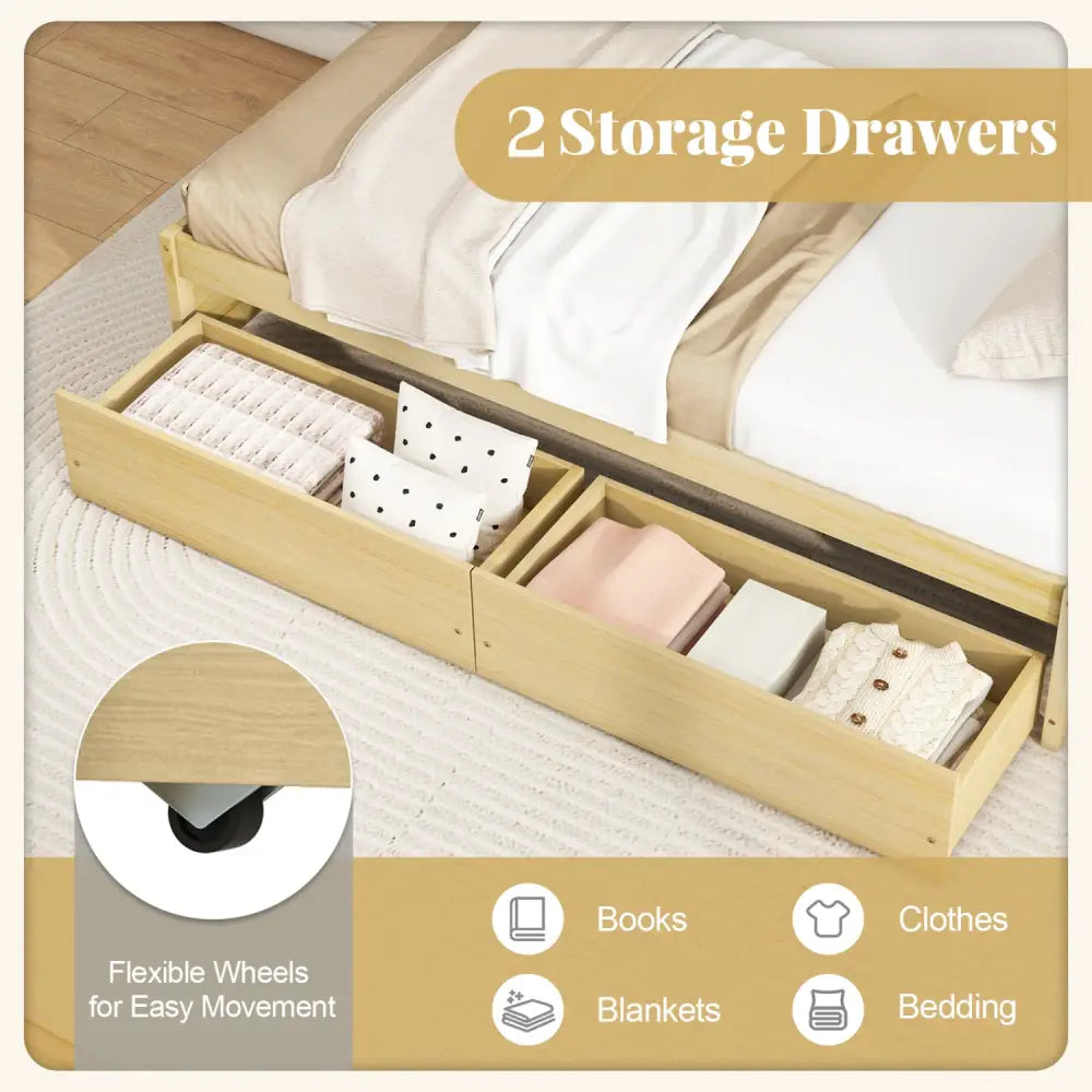 Twin Size Captain Bed with 2 Drawers and Slats Support-Natural - Natural - Simple Bed Frame