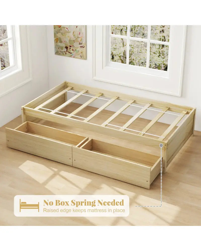 Twin Size Captain Bed with 2 Drawers and Slats Support-Natural - Natural - Simple Bed Frame