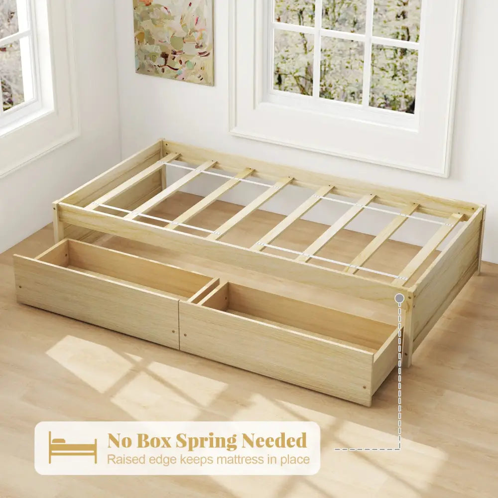 Twin Size Captain Bed with 2 Drawers and Slats Support-Natural - Natural - Simple Bed Frame
