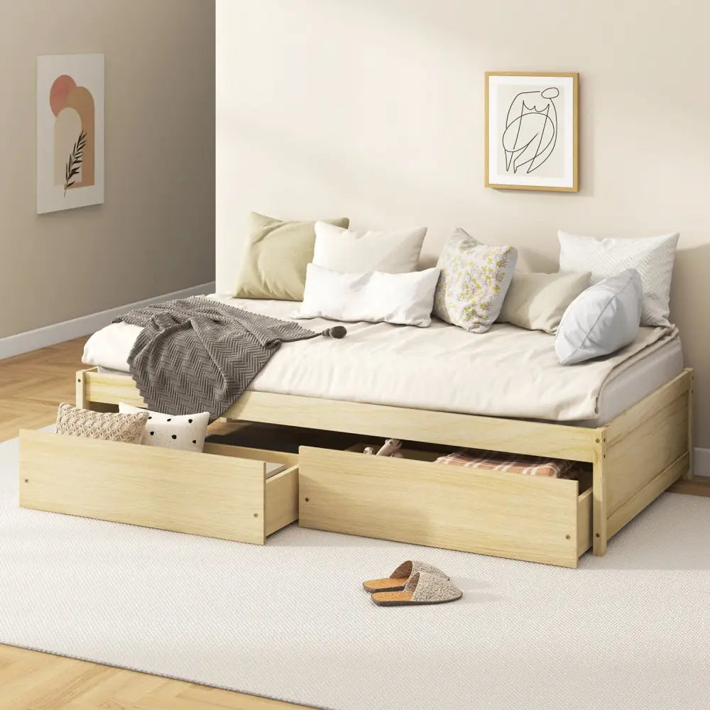 Twin Size Captain Bed with 2 Drawers and Slats Support-Natural - Natural - Simple Bed Frame