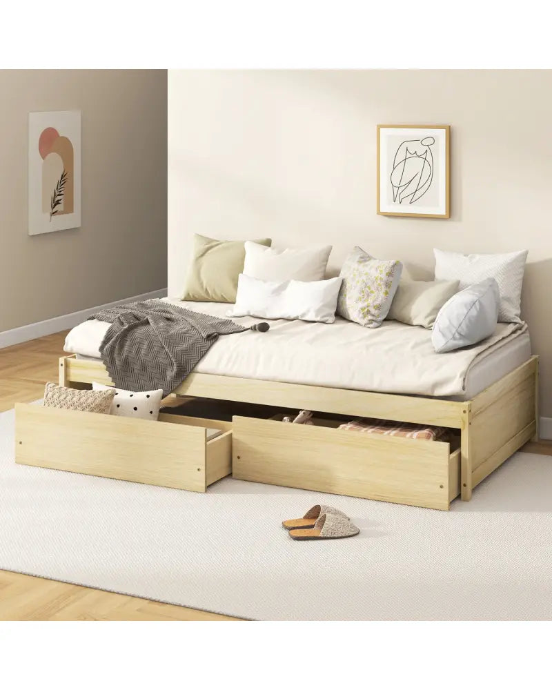 Twin Size Captain Bed with 2 Drawers and Slats Support-Natural - Natural - Simple Bed Frame