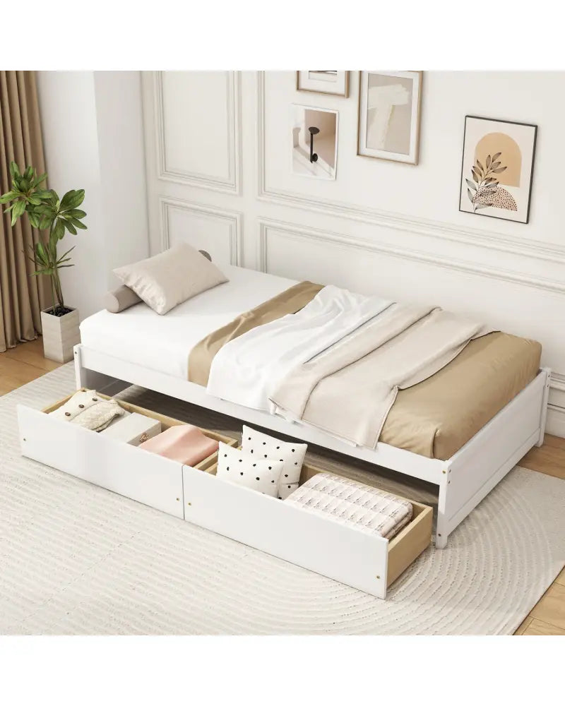 Twin Size Captain Bed with 2 Drawers and Slats Support-White - White - Simple Bed Frame