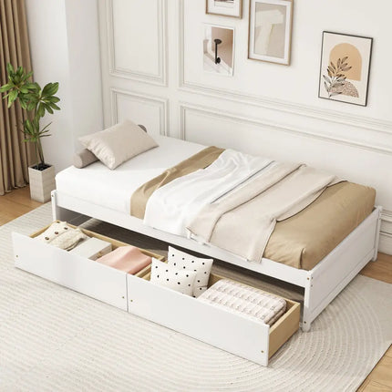 Twin Size Captain Bed with 2 Drawers and Slats Support-White - White - Simple Bed Frame