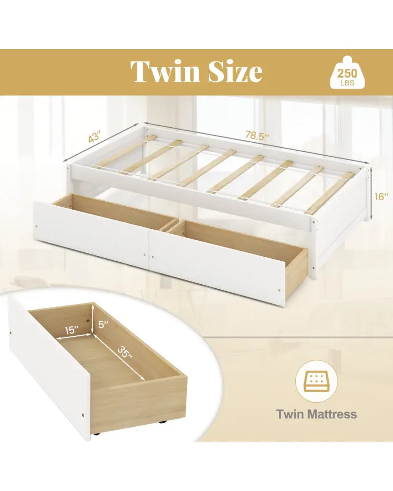 Twin Size Captain Bed with 2 Drawers and Slats Support-White - White - Simple Bed Frame