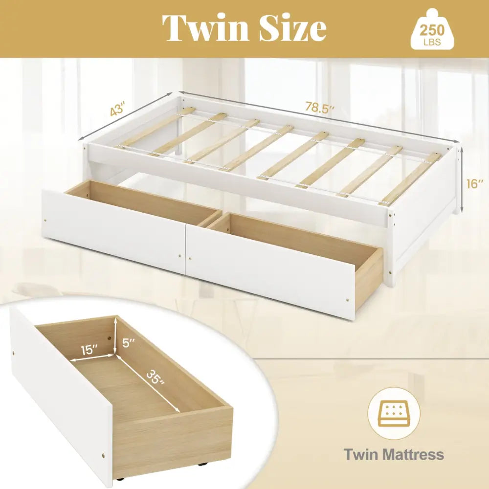 Twin Size Captain Bed with 2 Drawers and Slats Support-White - White - Simple Bed Frame