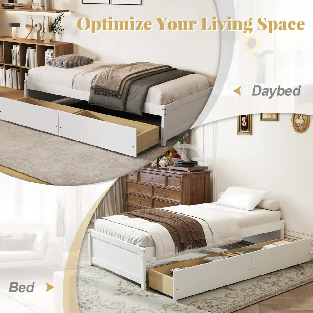 Twin Size Captain Bed with 2 Drawers and Slats Support-White - White - Simple Bed Frame